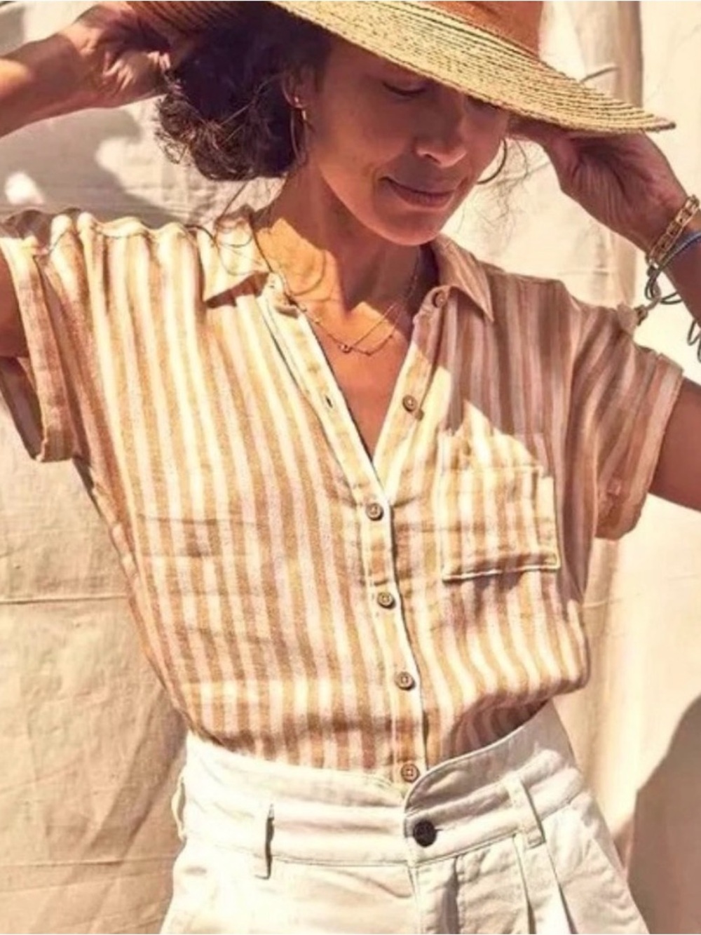 Faherty Avery Yellow Striped Linen Short Sleeve Button Down Camp Shirt Size Lg